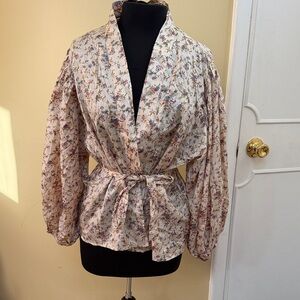 Mes Demoiselles Cream Floral Wrap Silk Blouse wide sleeves  with Tie Waist